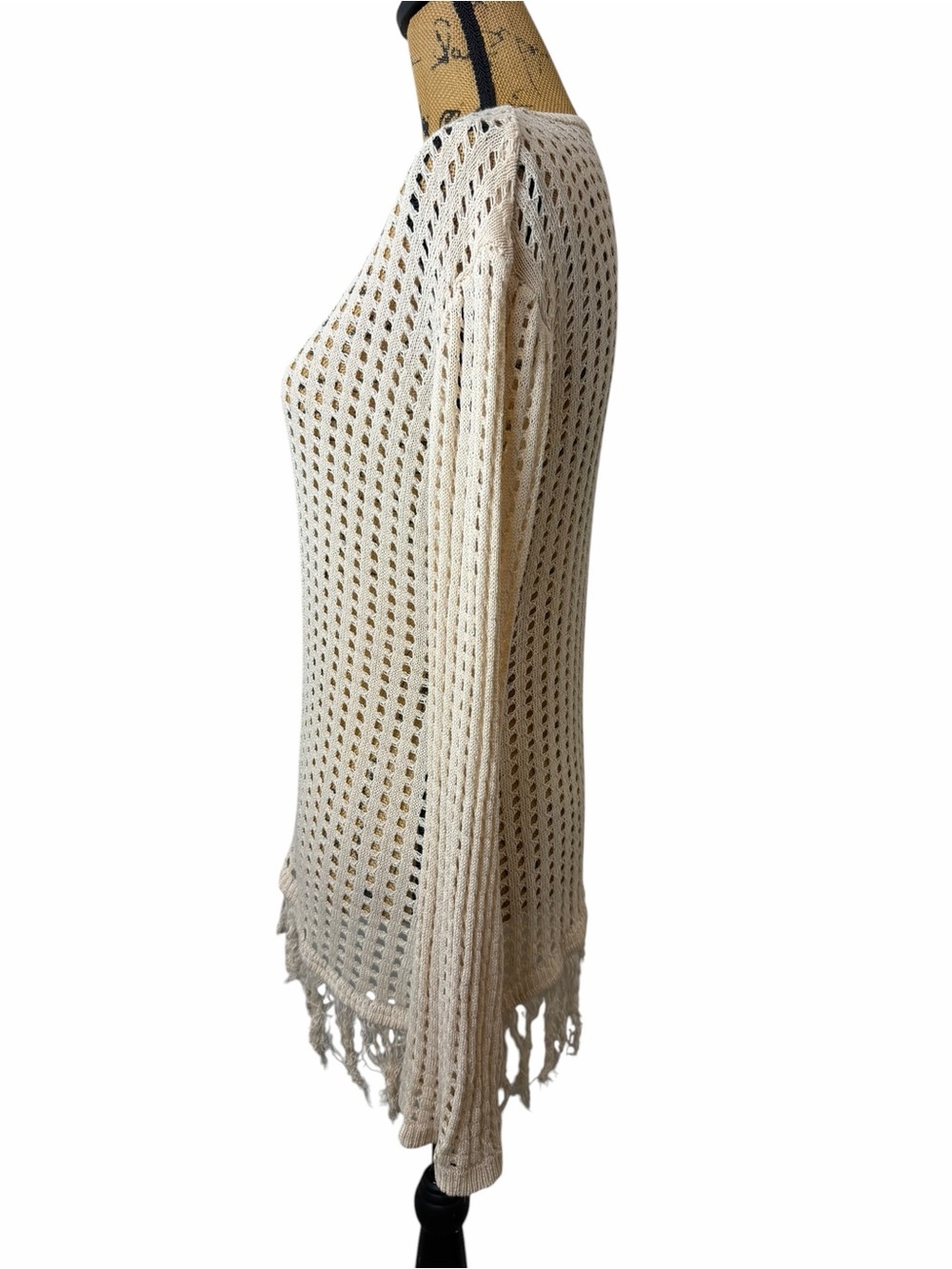 Open Knit Crochet Fringe Beach Cover Up Sweater Boho Resort Coastal Cream - Picture 4 of 5